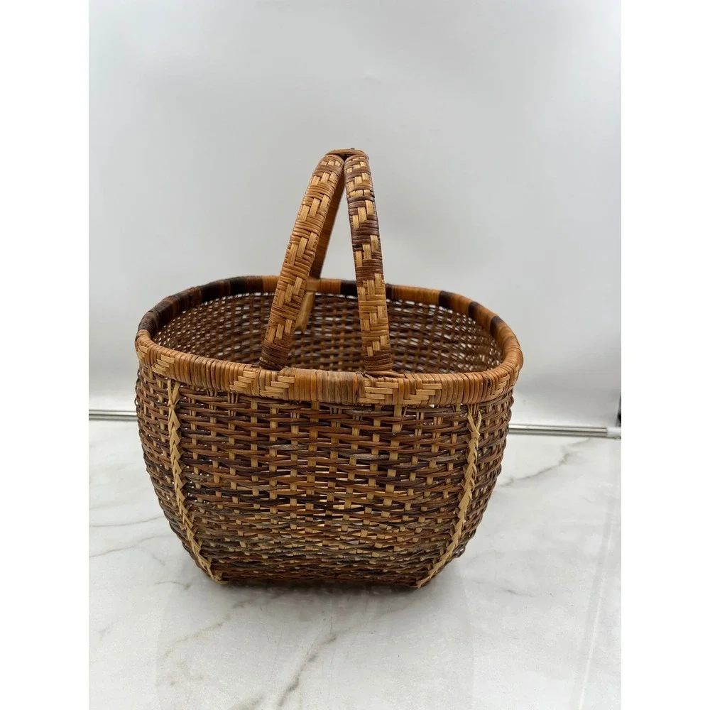 Vintage Handwoven Wicker Basket Rectangular Brown Tan Storage Decor with Handle